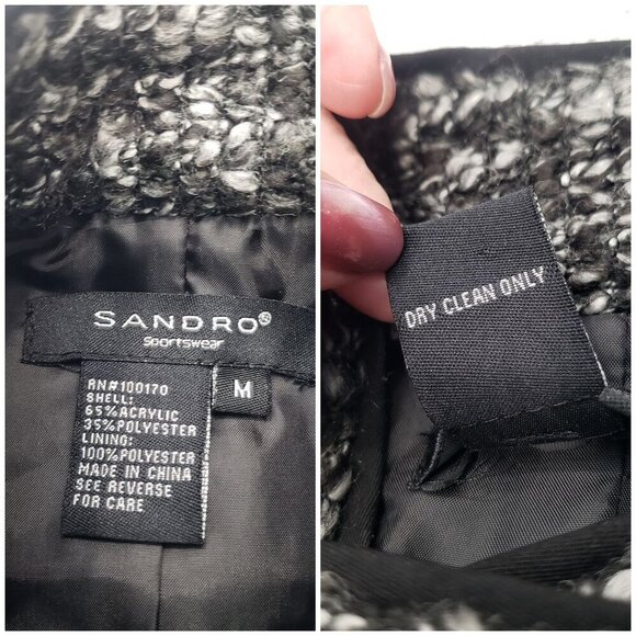 Sandro Sportswear Tweed Blazer Jacket Tie Waist Black Size M Moto Dark Feminine - Picture 10 of 11